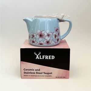 NIB Alfred Ceramic and Stainless Steel White Pink Cherry Blossom Blue Teapot